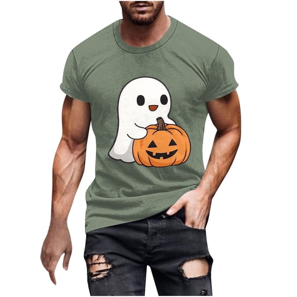 Halloween T-shirt for Men, Military Green Printed Short Sleeve Round Neck Cotton Blend Top, Casual Daily Wear, Hand Wash Cold