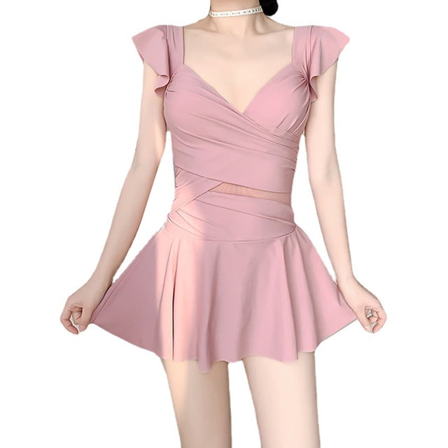 Traje de baño de una pieza para mujer Traje de baño con falda fruncida vintage delgado y flaco para fiestas de natación Vacaciones tropicales Rosa XL