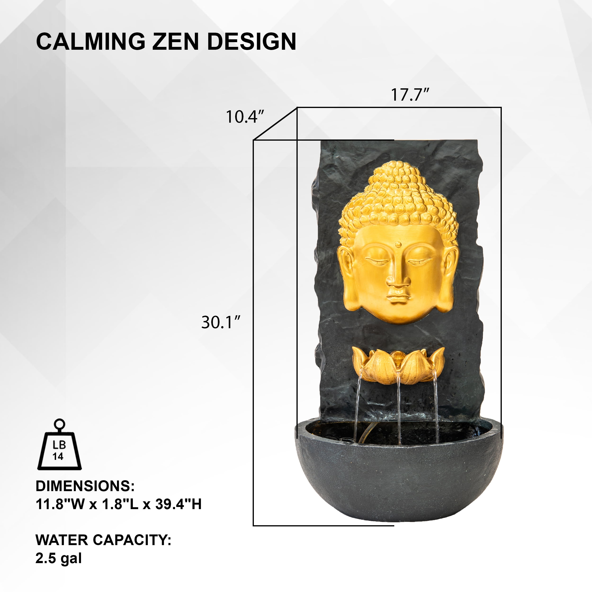 XBrand 30 in H Fiber Resin Wall Buddha Zen Outdoor Garden Water Fountain w/ warm LED Light, Gold