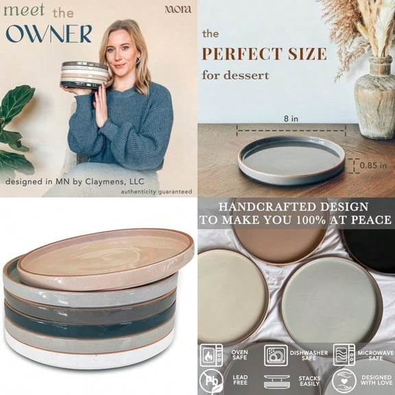 Ceramic Flat Plates Set of 6-8 in - The Dert Salad Appetizer Small Lunch etc Plate. Microwave Oven and Dishwasher Safe Scratch Resistant. Kitchen Porcelain Dish - Neutrals