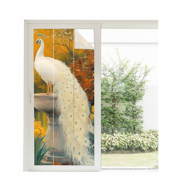 Window Privacy Film White Peacock Elegance Stained Glass Window Film Decorative Sun Block Window Cover Retro Botanical Garden Floral Window Clings Static Adhesive Sticker for Bathroom 35.4"x78.7"