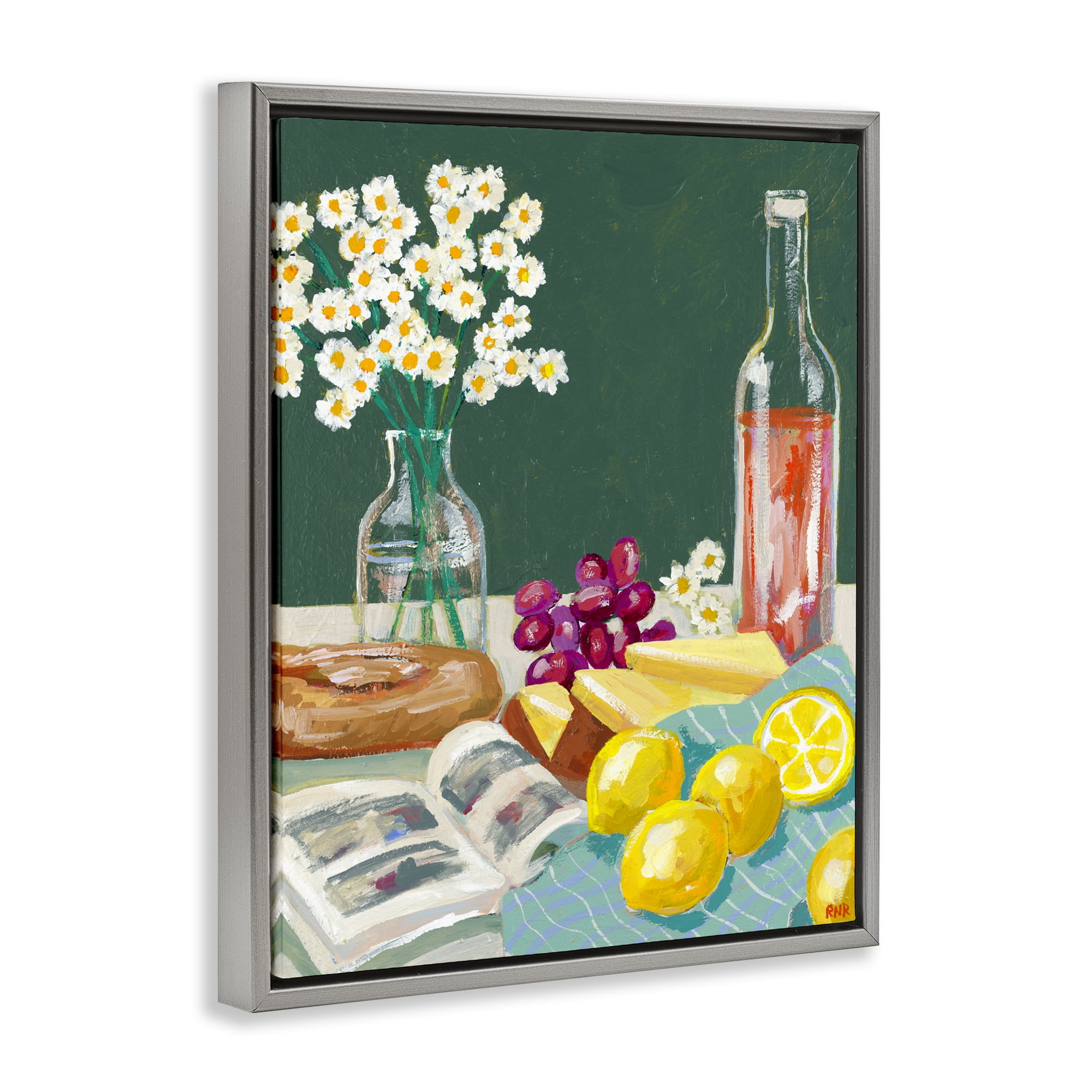 Stupell Industries Cheese, Wine and Lemon Still Life Gray Framed Floater Canvas Wall Art, design by Rachael Reese