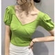 thumbnail image 4 of Camisa de mujer Blusa corta con cuello en V y manga corta con cuello en V Blusa informal, Verde, L kenally  AP001254-08B, 4 of 7