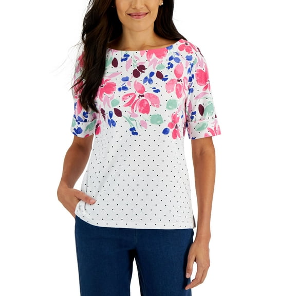 Karen Scott Petite Lee Floral Print Boat Neck Top Bright White PXS
