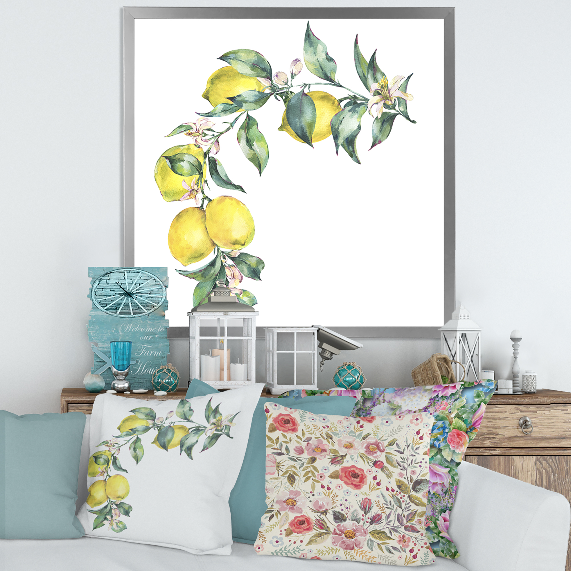 Designart 'Branch of Leaves and Yellow Lemons II' Tropical Framed Art Print