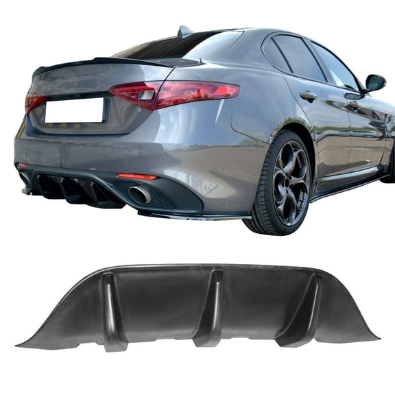 Ikon Motorsports Rear Bumper Lip Diffuser Fin Lower Valance Compatible With 2017-2025 Alfa Romeo Giulia W/Sport Bumper MX Style PU Unpainted Black