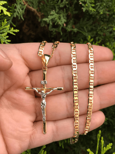 14K Gold Filled Big Cross Necklace Pendant Two Tone 48x28mm / Mens Cross Necklace / Cadena Y Dije de Cruz, Men's, Size: 20 Inches, Grey Type