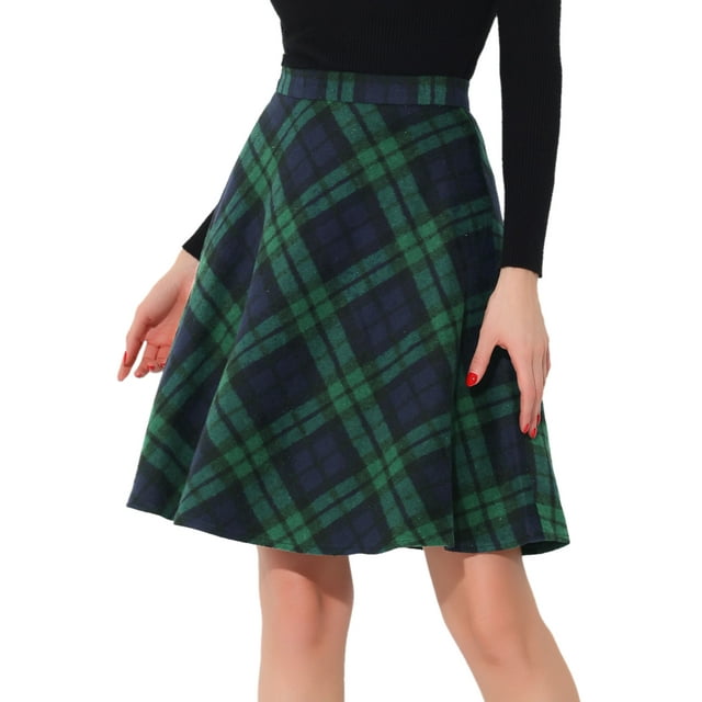 Unique Bargains Women's Plaids Elastic Waist Knee Length Worsted A Line Skirt