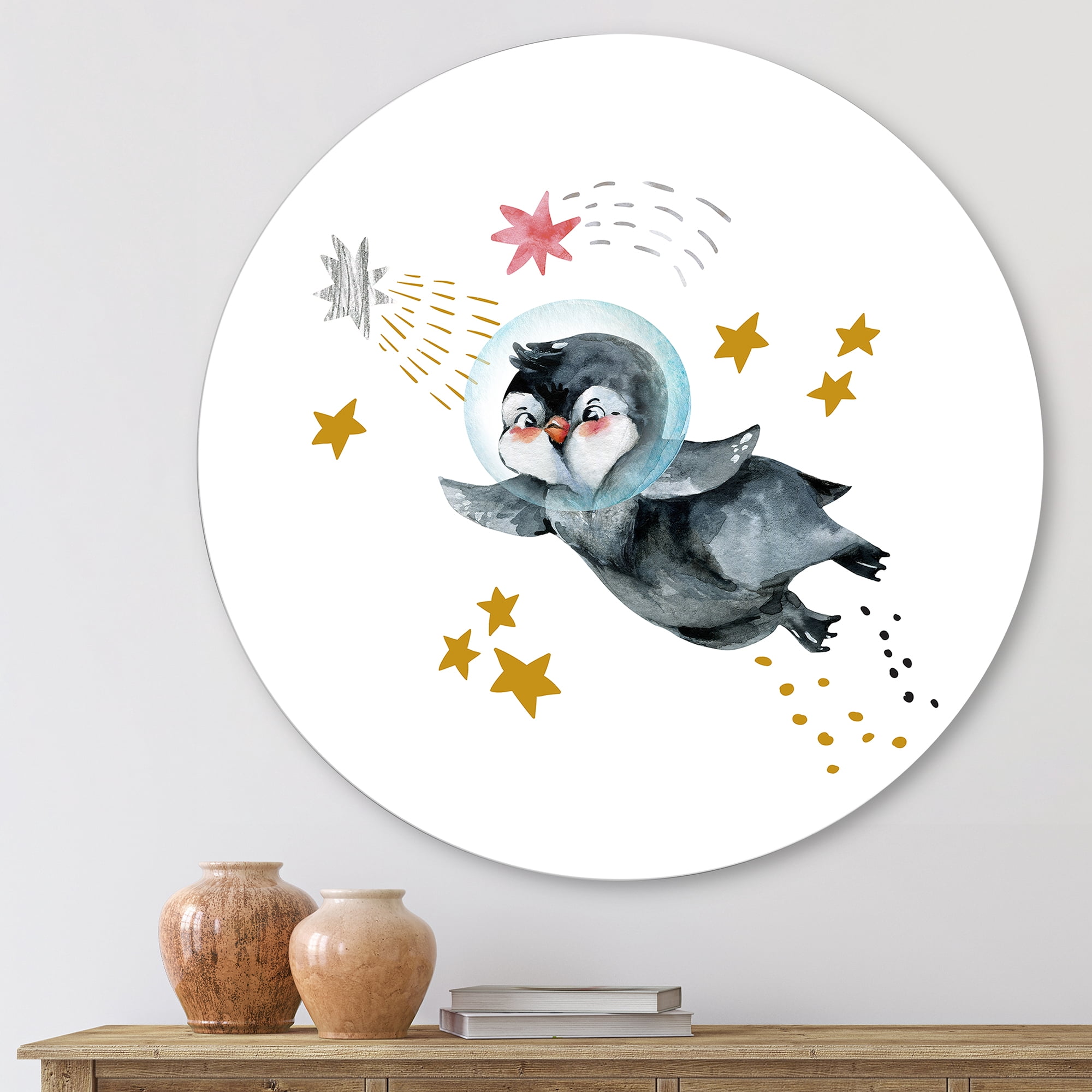 Designart 'Little Penguin Flying Planets and Stars I' Farmhouse Circle Metal Wall Art 23x23 - Disc of 23