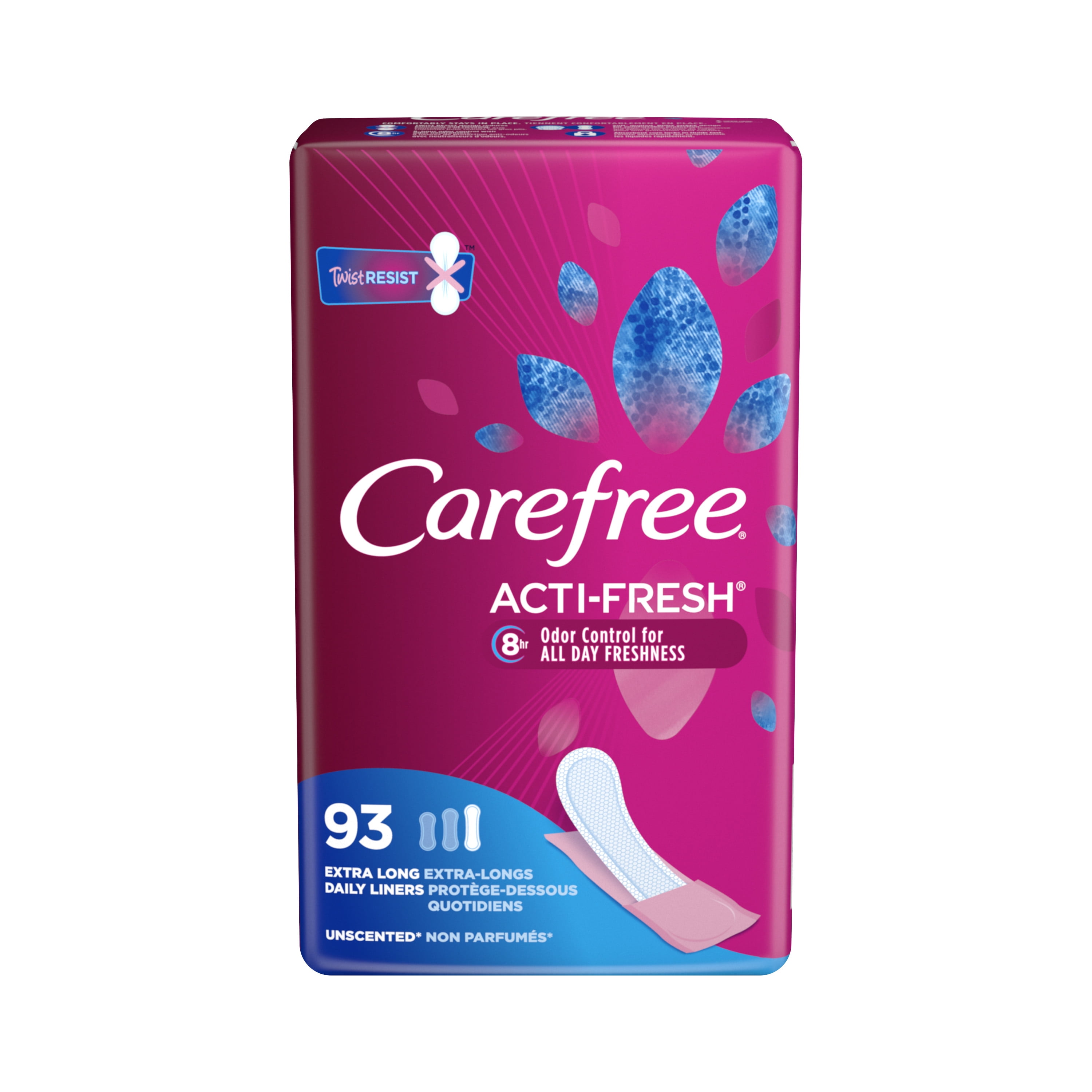 Carefree ACTI-FRESH Extra Long Unscented Daily Panty Liners, 93 Ct, 8 Hour Odor Control With Odor Neutralizers