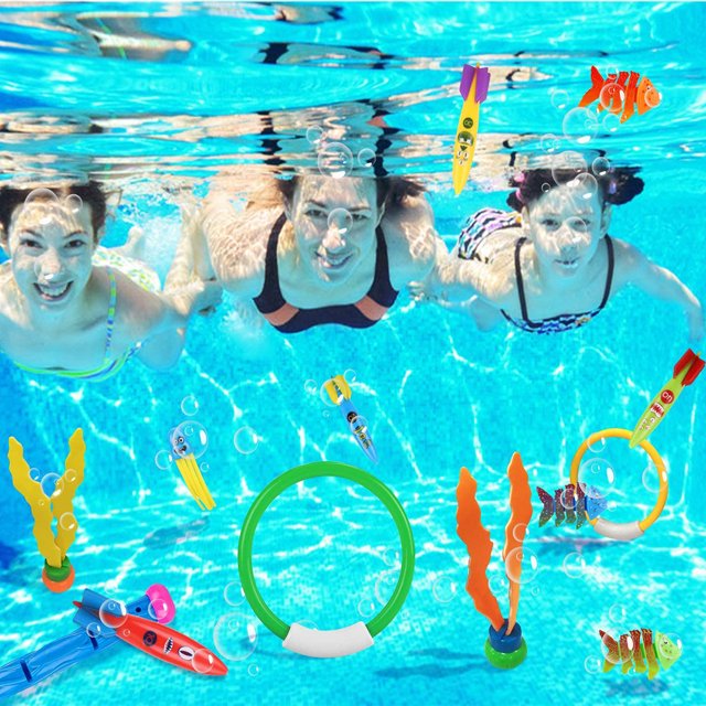 21Pcs Diving Pool Toys for Kids, Underwater Swim Toys Set with Drawstring Pouch, Diving Rings Fishes Seaweed Gems for Swimming Pool Game