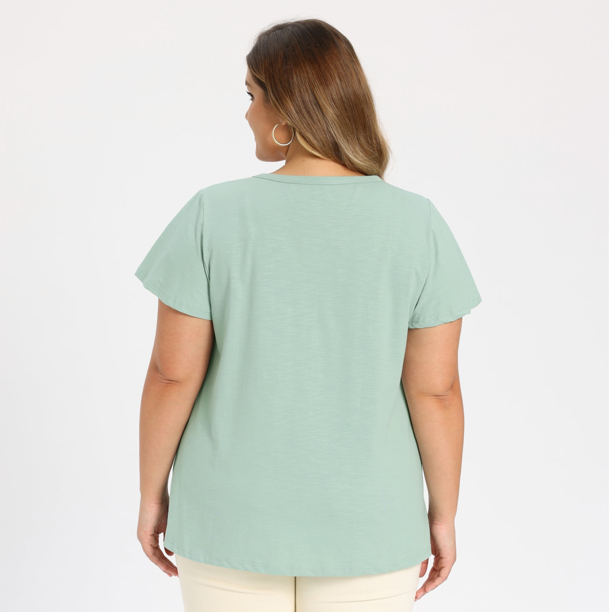 Women's Plus Women's Work Tops Button Notch Neck Ruffle Sleeve Casual Blouse 1X Green
