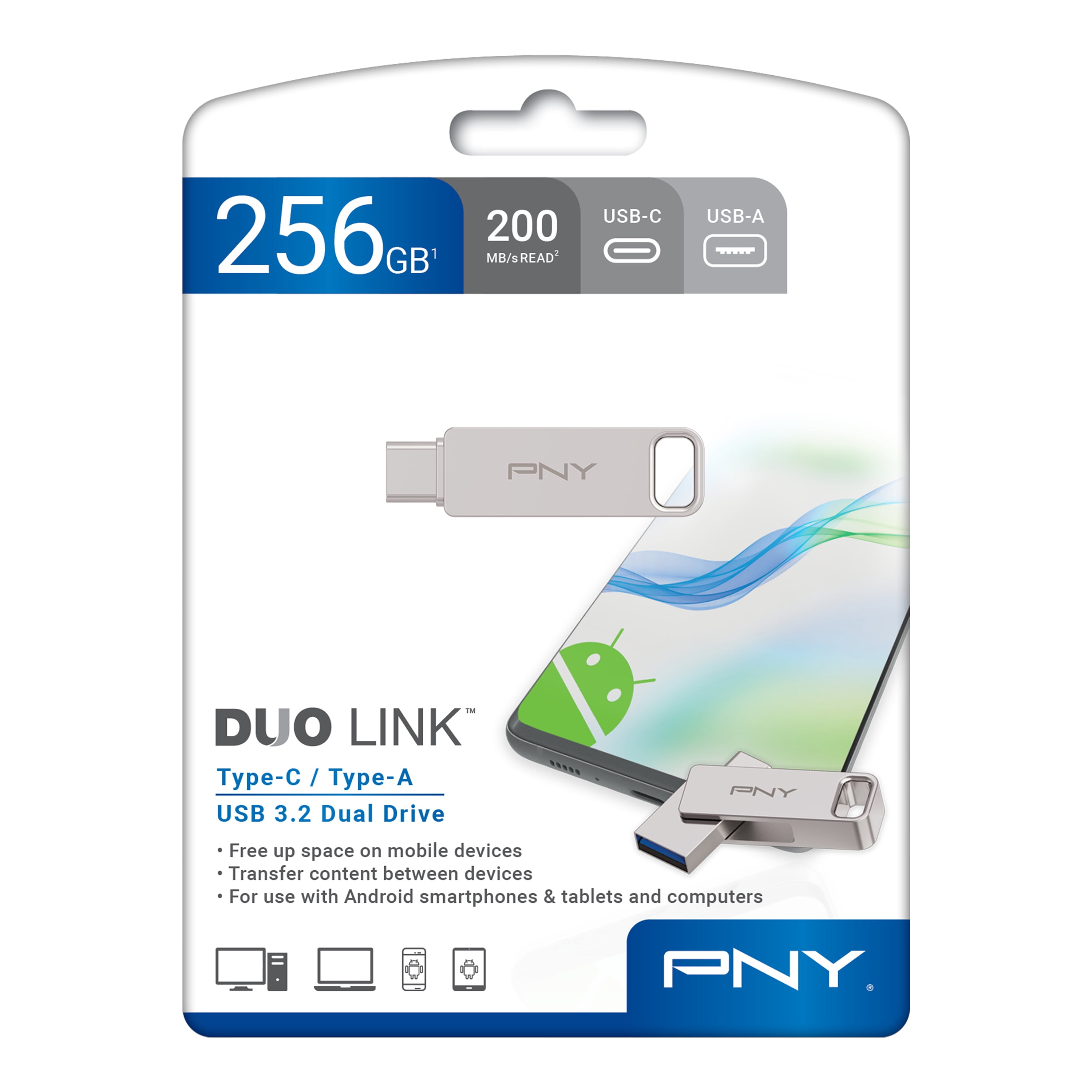 PNY 256GB DUO LINK USB 3.2 Type-C® Dual Flash Drive for Android Devices and Computers - External Mobile Storage for Photos, Videos, and More - 200MB/s