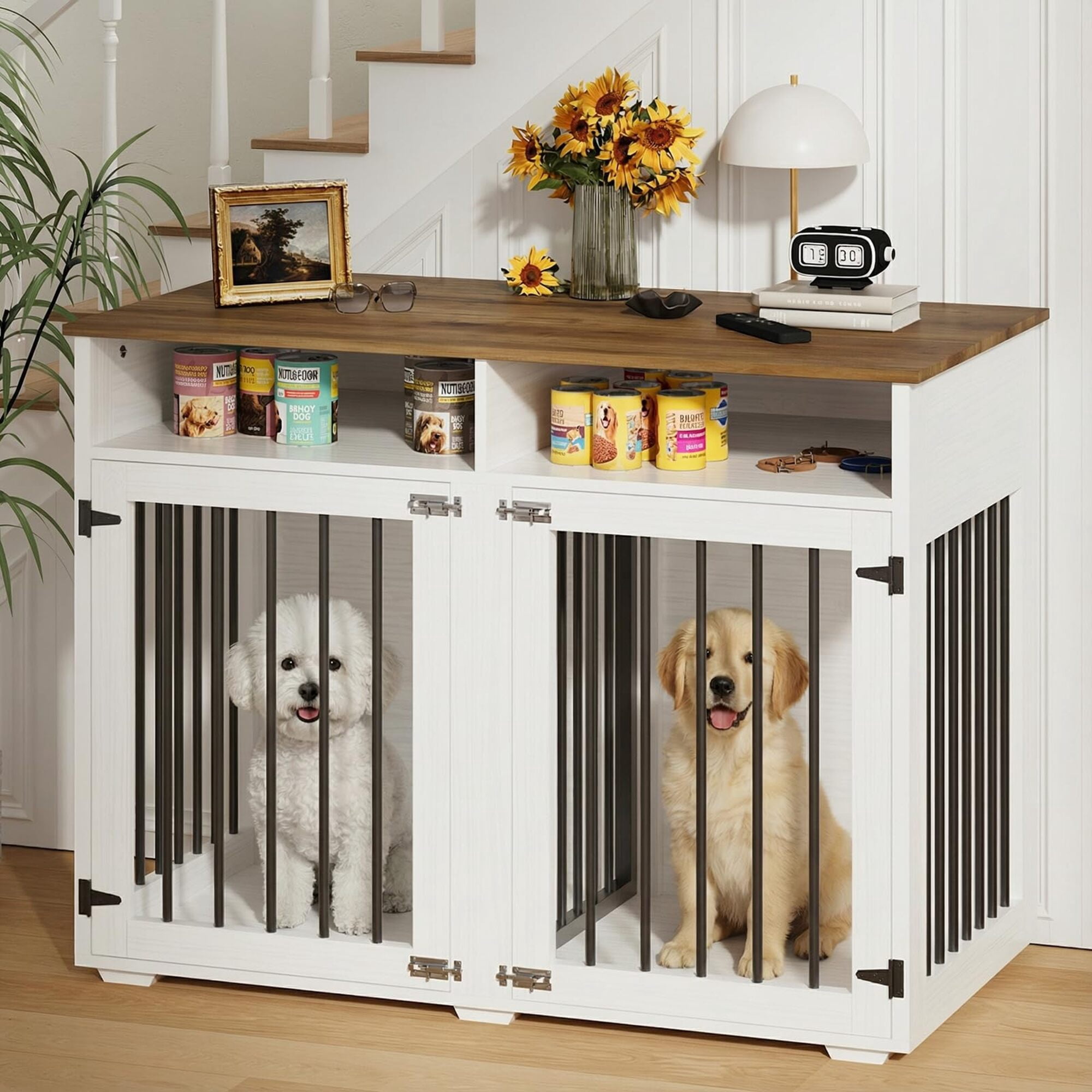 41" White Farmhouse 2-Lockable Door Dog Crate with Storage Shelves – Sturdy Indoor Kennel for 2 Small/Medium Dogs, Removable Divider Included