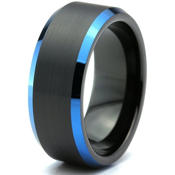 P. Manoukian Tungsten Wedding Band Ring 8mm for Men Women Blue Black Beveled Edge Brushed Lifetime Guarantee Size 4