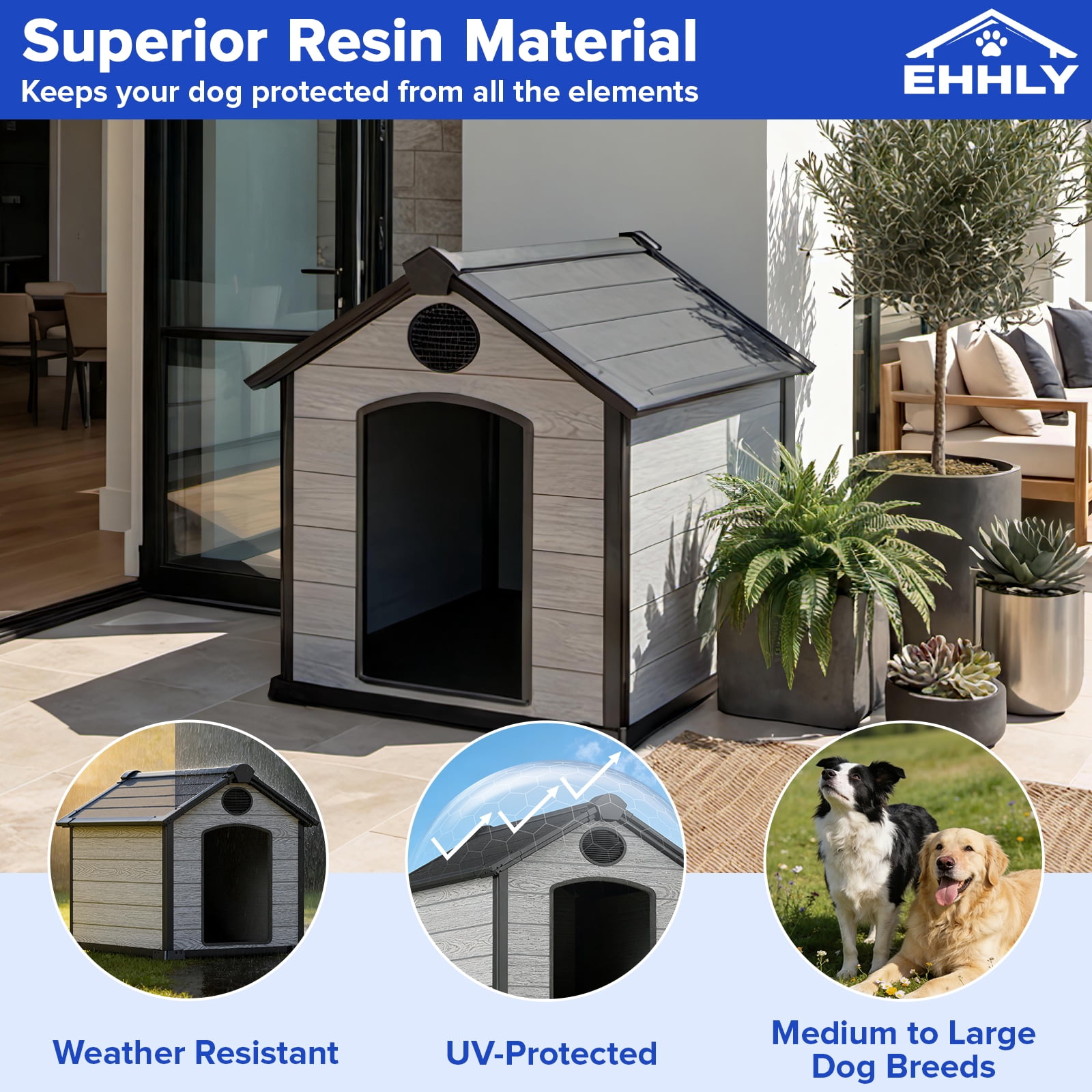 EHHLY Large Dog House Outdoor, Extra Large 46" Insulated Igloo Design with Elevated Floor, For Large Dogs with Spacious Interior, Cement Grey