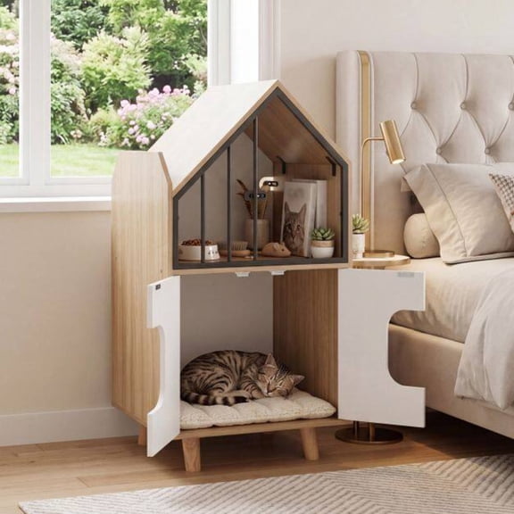 Cat Litter Box Enclosure with Shelf, 2 Doors, Hidden Litter Box Cabinet, House-Shaped Indoor Cat Condo