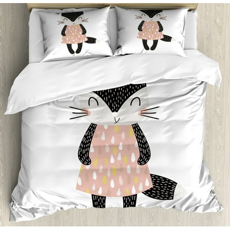 London Themed Duvet Covers Cat Queen Size Duvet Cover Set, Cute Feline Girl in a Raindrop Shapes Pattern Dress Hand Drawn Nursery Themed Animal, Decorative 3 Piece Bedding Set with 2 Pillow Shams, Multicolor, by Ambesonne ()