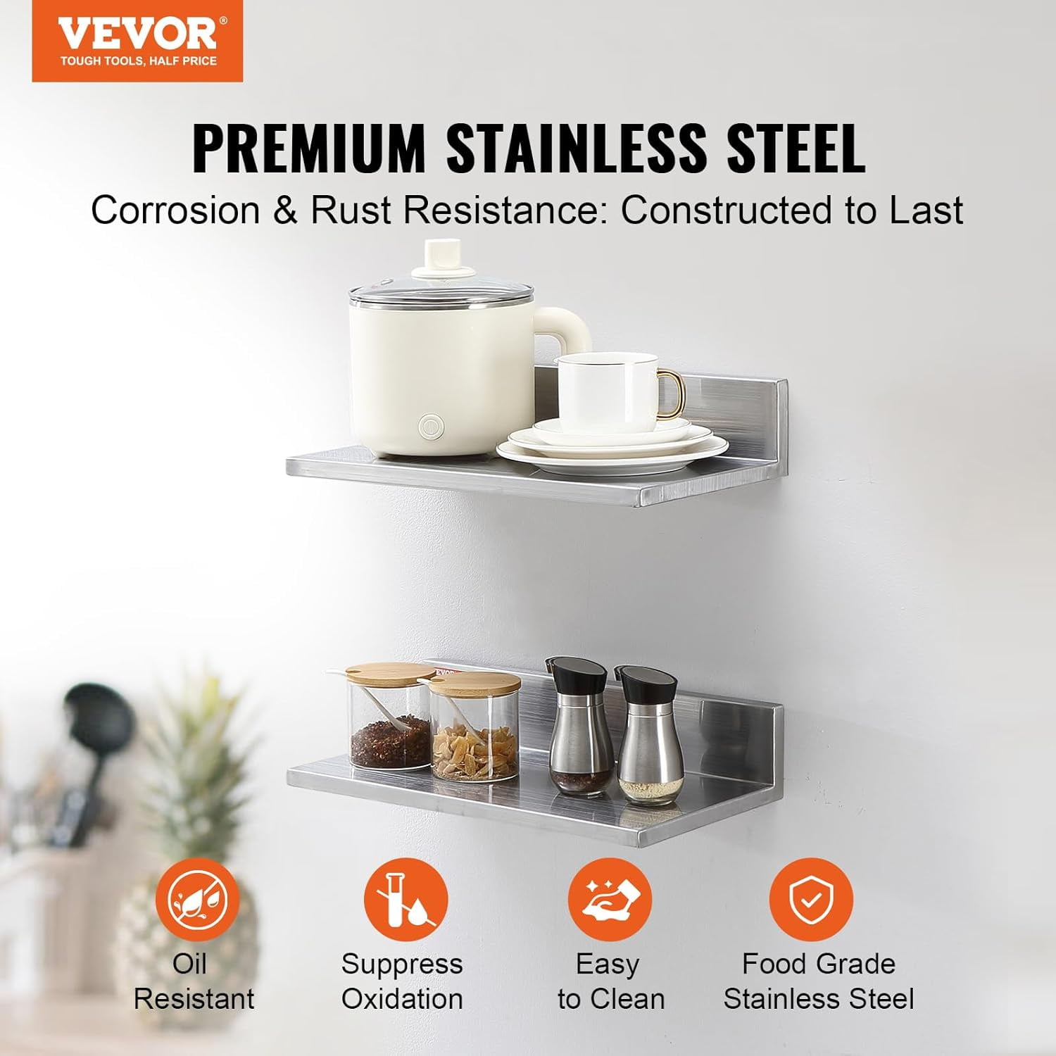 Stainless Steel Wall Shelf with Backsplash, 8.6" x 16", 2-Pack, 44 lbs Capacity for Kitchen, Bar, and Home