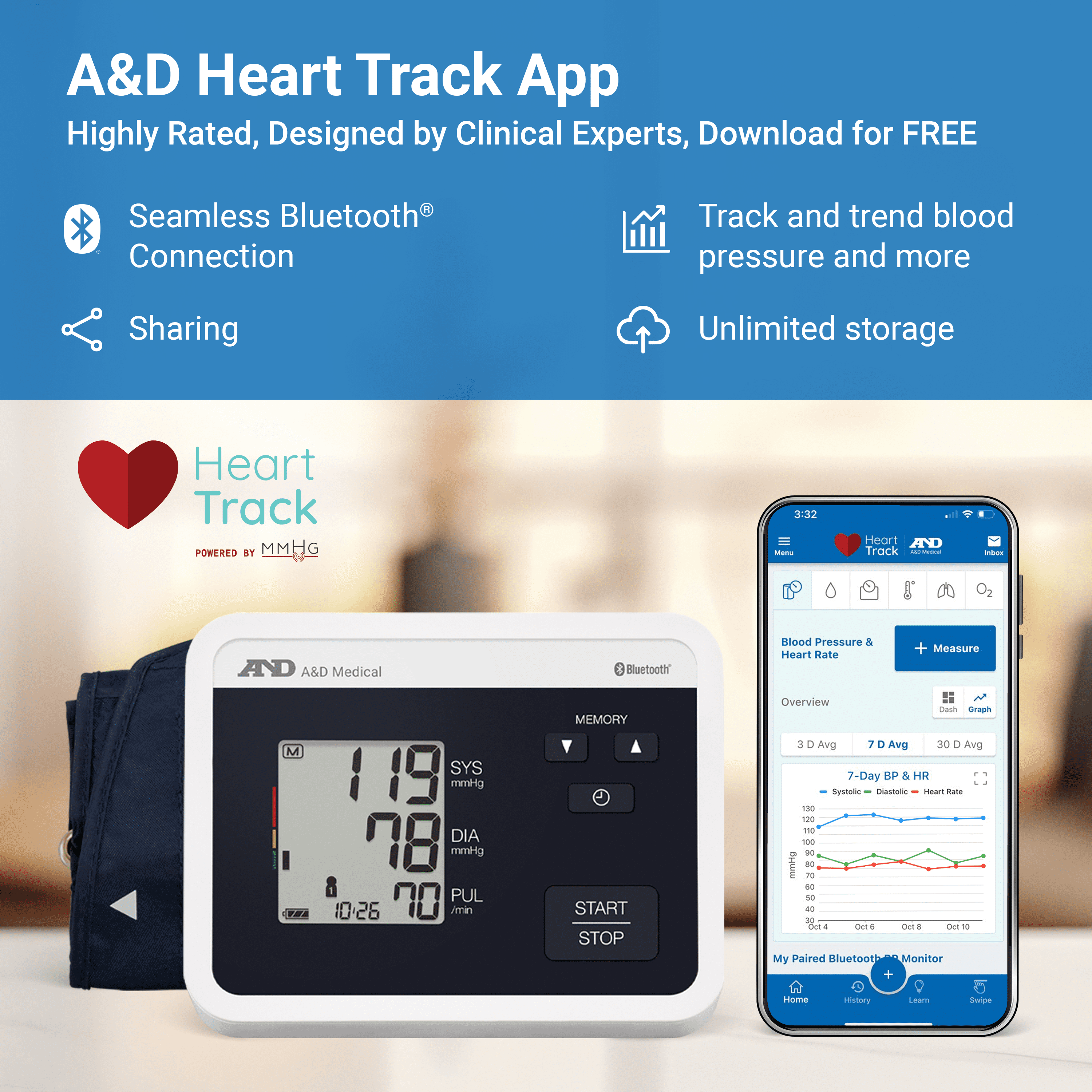 A&D Medical Bluetooth Blood Pressure Monitor, Upper Arm, Medium Cuff, Digital, Heart Rate Detection (UA-770BLE)