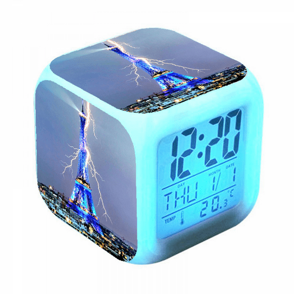 YIXINGCHEN Digital Alarm Clock for Kids, Cartoon Eiffel Tower Pattern 7 LED Color Changing Wake Up Clock with Thermometer Function and Night Light, Gift for Boys Girls A93-521 XCNZ#1655