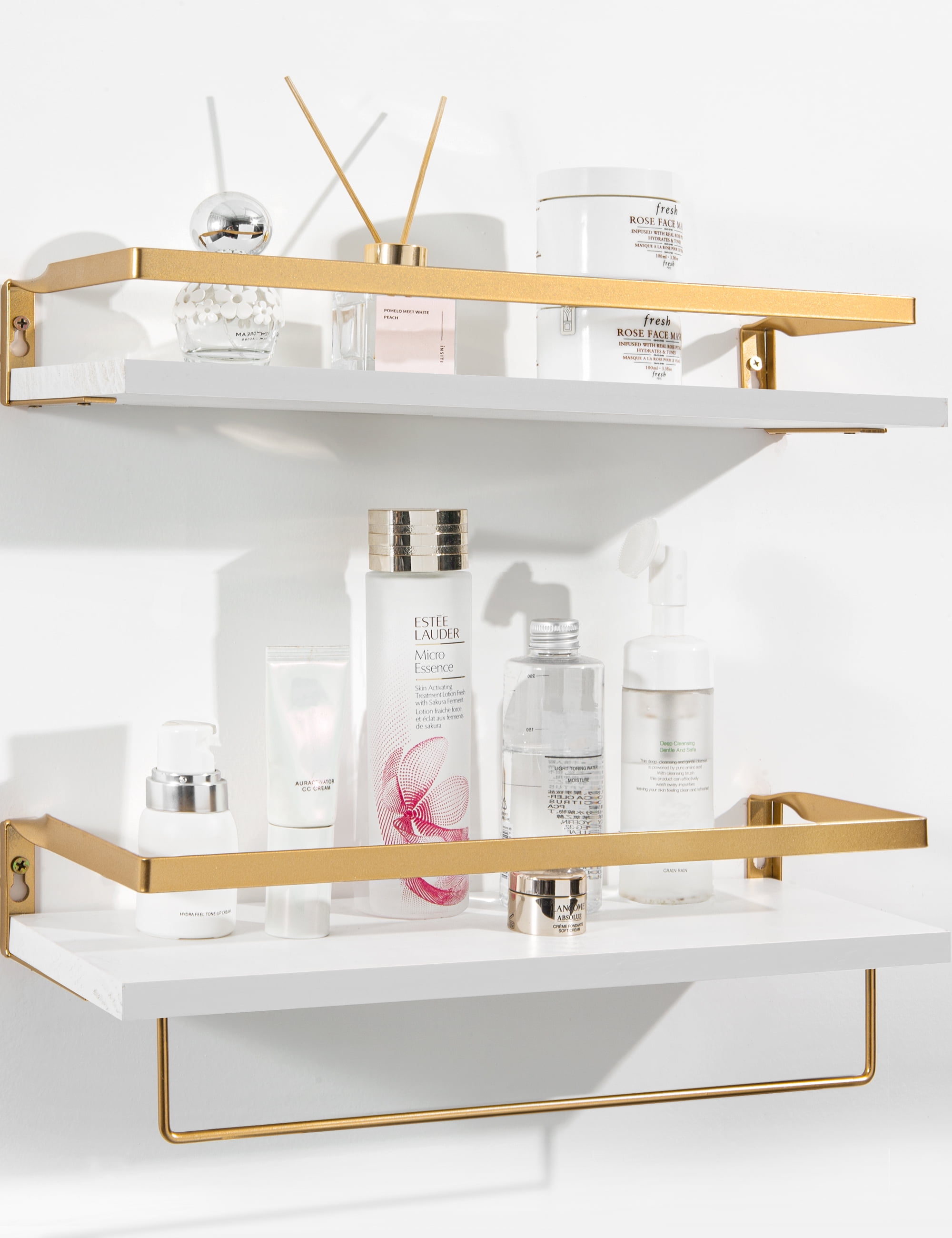 Afuly White Floating Shelves Wood 16.5 inch Gold Metal Shelves for
