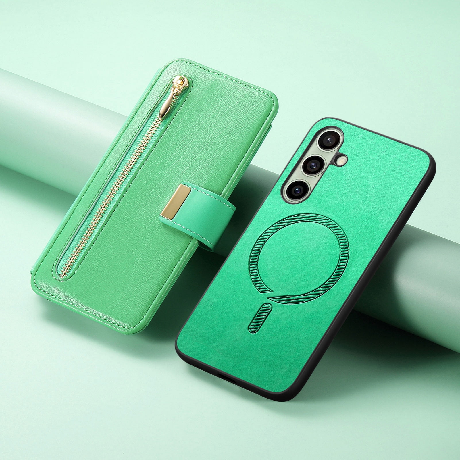 TECH CIRCLE for Galaxy S24 FE 2-in-1 Phone Case 6.7" 2024, Magnetic Back Cover with Removable Flip Wallet Case, with Card Slots/Ring Holder Grip, Compatible with MagSafe, PU Leather Case, Green