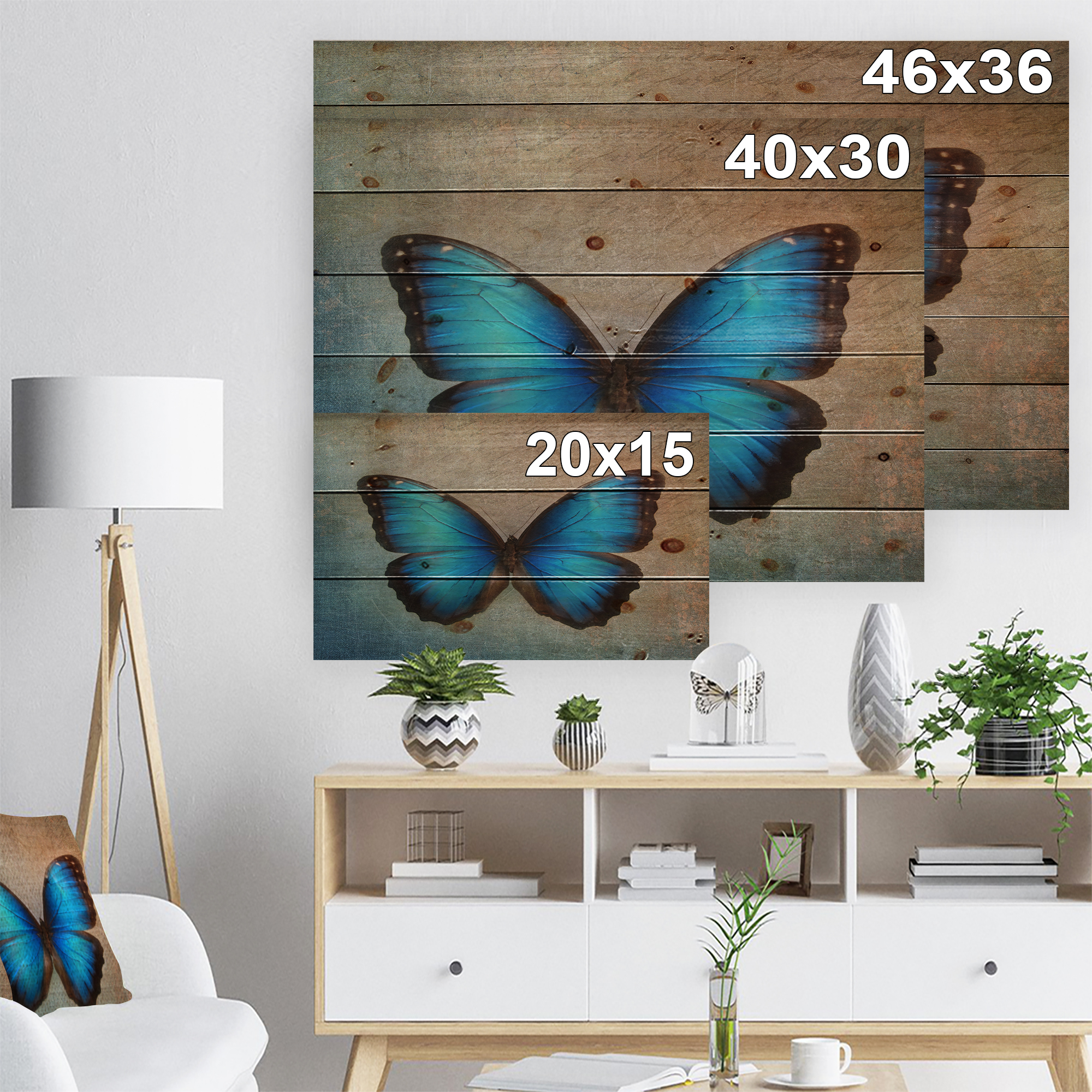 Designart 'Blue Vintage Butterfly' Floral Art Print on Natural Pine Wood