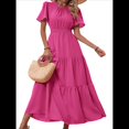 thumbnail image 2 of Vestido Bohemio Floral Fluido de Verano para Mujer, Informal, con Mangas y Volantes, Cuello Redondo, Cintura Fruncida y Rosa Roja M, 2 of 9