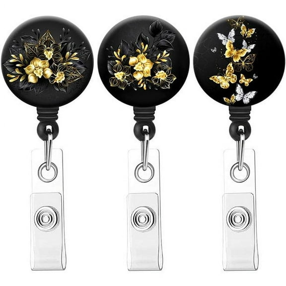 Retractable Badge Reel Clip, Nursing Badge Reels with Alligator Clip,Cute Badge Holder Name Decorative Badge Clip on ID Card Holders(3pack Golden Flowers)
