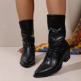 thumbnail image 2 of HEWUQI Women's Mid Calf Boots Leather Pointed Toe Ruched Low Block Heels Comfortable Boho Retro Casual Party Winter Dressy Shoes Black Size 7.5, 2 of 6