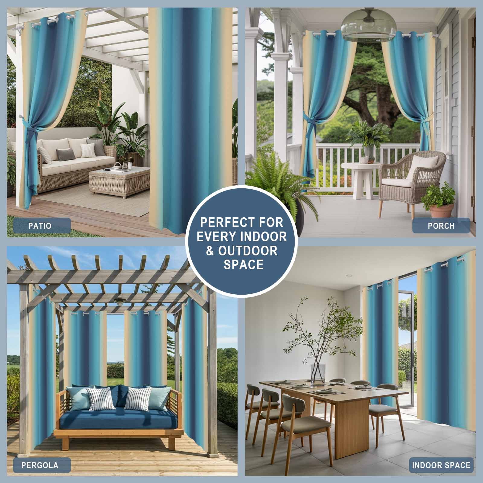 1 Panel Outdoor Curtains for Patio Waterproof 54"x84", Blue Teal Yellow Ombre Weatherproof Privacy Outsides Curtains, Farmhouse Modern Gradient Art Grommet Thermal Drapes for Cabana Porch Pergola
