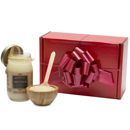 Gift Box of Holy City Skin Products Dead Sea Salt Hand & Body Scrub w Wood