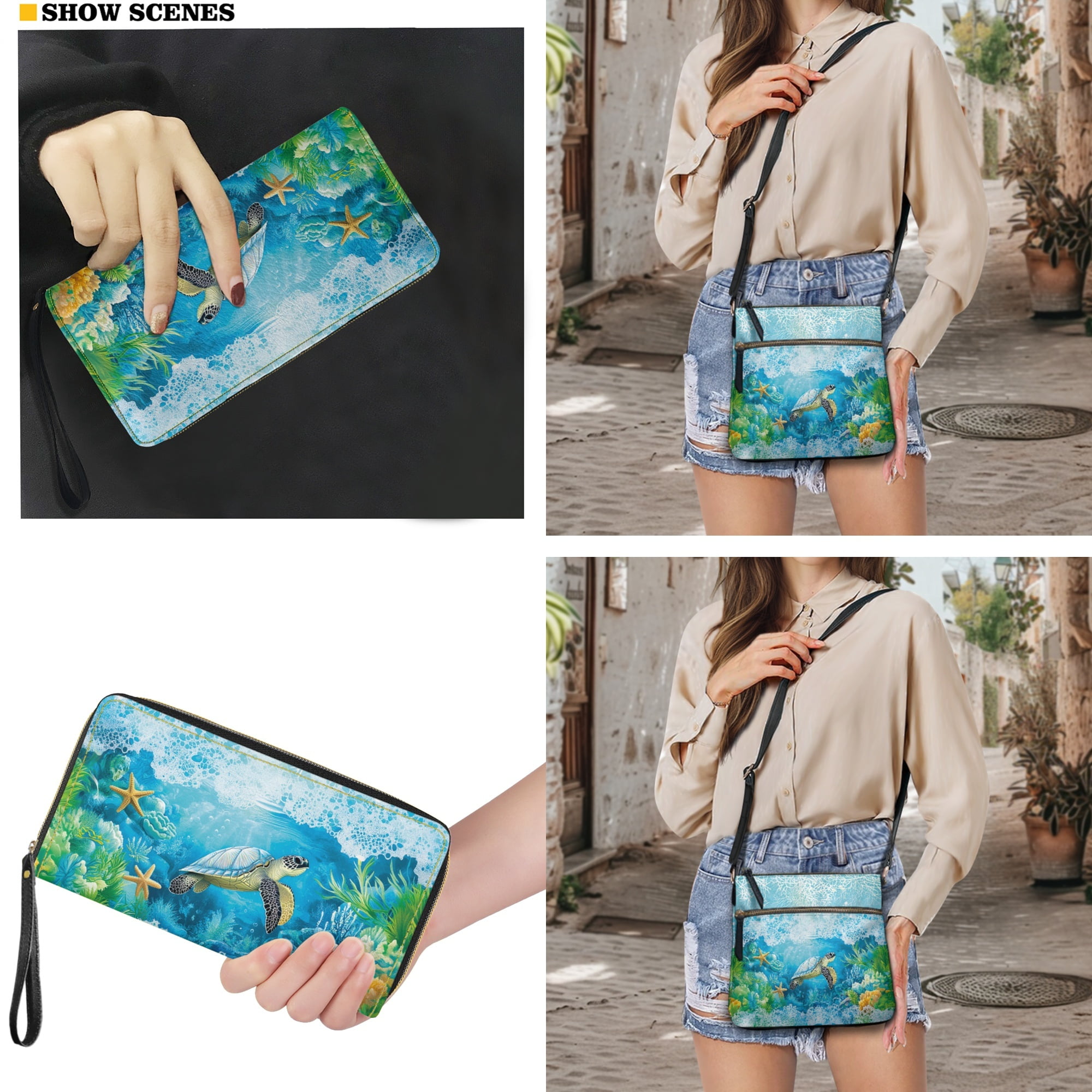 ZUXONGSY Turtle Sea Coral Print Large PU Leather Crossbody Bag & Wallet Set for Women, Stylish Satchel with Adjustable Shoulder Strap for Travel & Shopping