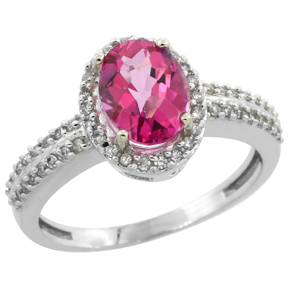 14K White Gold Natural Pink Sapphire Ring Oval 8x6mm Diamond Halo, size 5 by Gabriella Gold