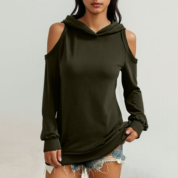 Qulqfy Long Sleeve Going Out Tops for Women Fashion Green Cold Shoulder Sweatshirts Hooded Tunic Shirts for Women