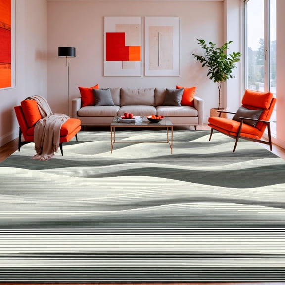 ODIKA 4'x6' Machine Washable Non-Slip Area Rug, Geometric Wave Design High Traffic Rug, Gray, 149476