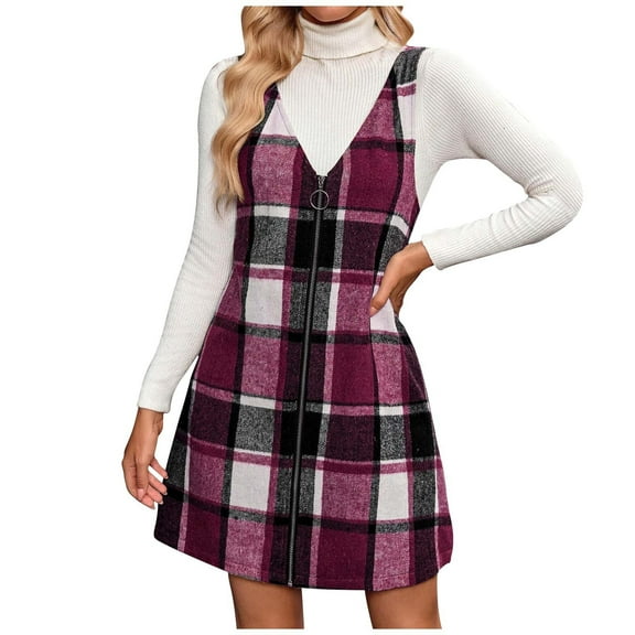 ZHYou Women Plaid Pinafore Dresses, Zip Front, V Neck, Sleeveless, Wool Blend, Overall Jumpers with Turtleneck Underlayer Stylish Casual Fall Winter Outfit,Purple,2XL