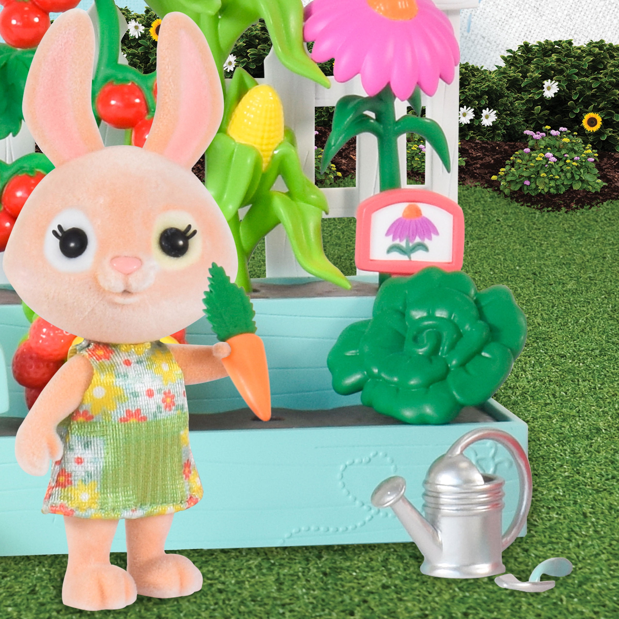 Honey Bee Acres Time to Garden Playset – 16 Piece Miniature Dollhouse Set with Bunny Figure, Wheelbarrow, Vegetables & More&nbsp; – Dolls for Kids Ages 3+