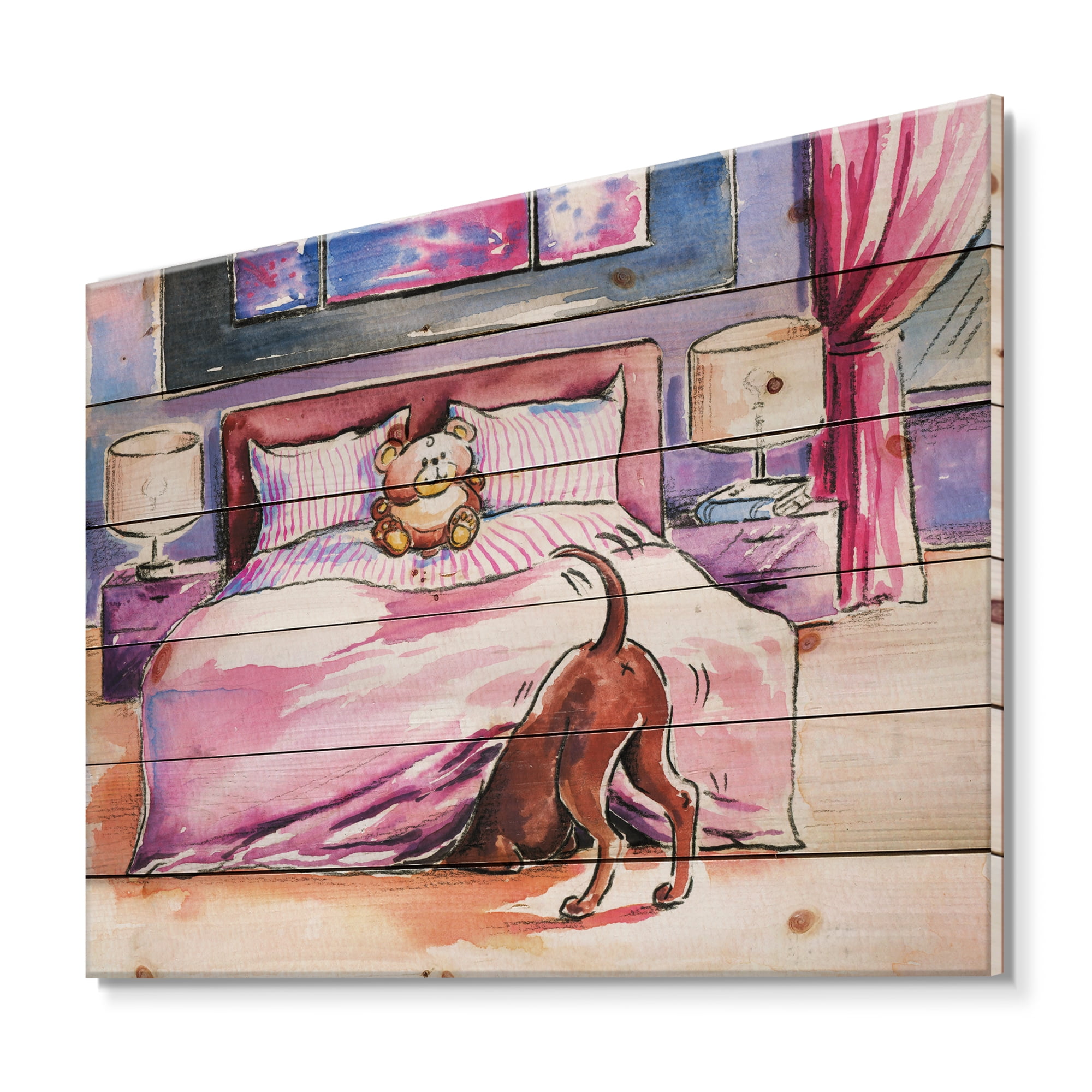 Designart 'Brown Dog Looking Under the Bed and Teddy Bear' Farmhouse Print on Natural Pine Wood