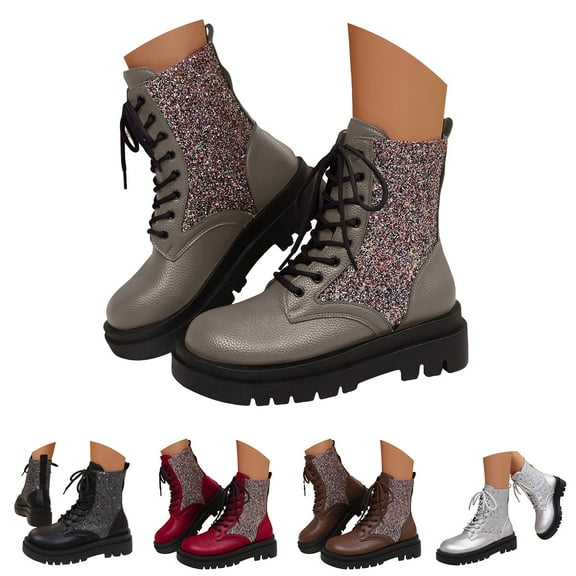 Dakaela Women's Platform Combat Ankle Boots Rhinestone Lace up Short Booties Fall Winter Streetwear Fashion Chelsea Shoes Black 6