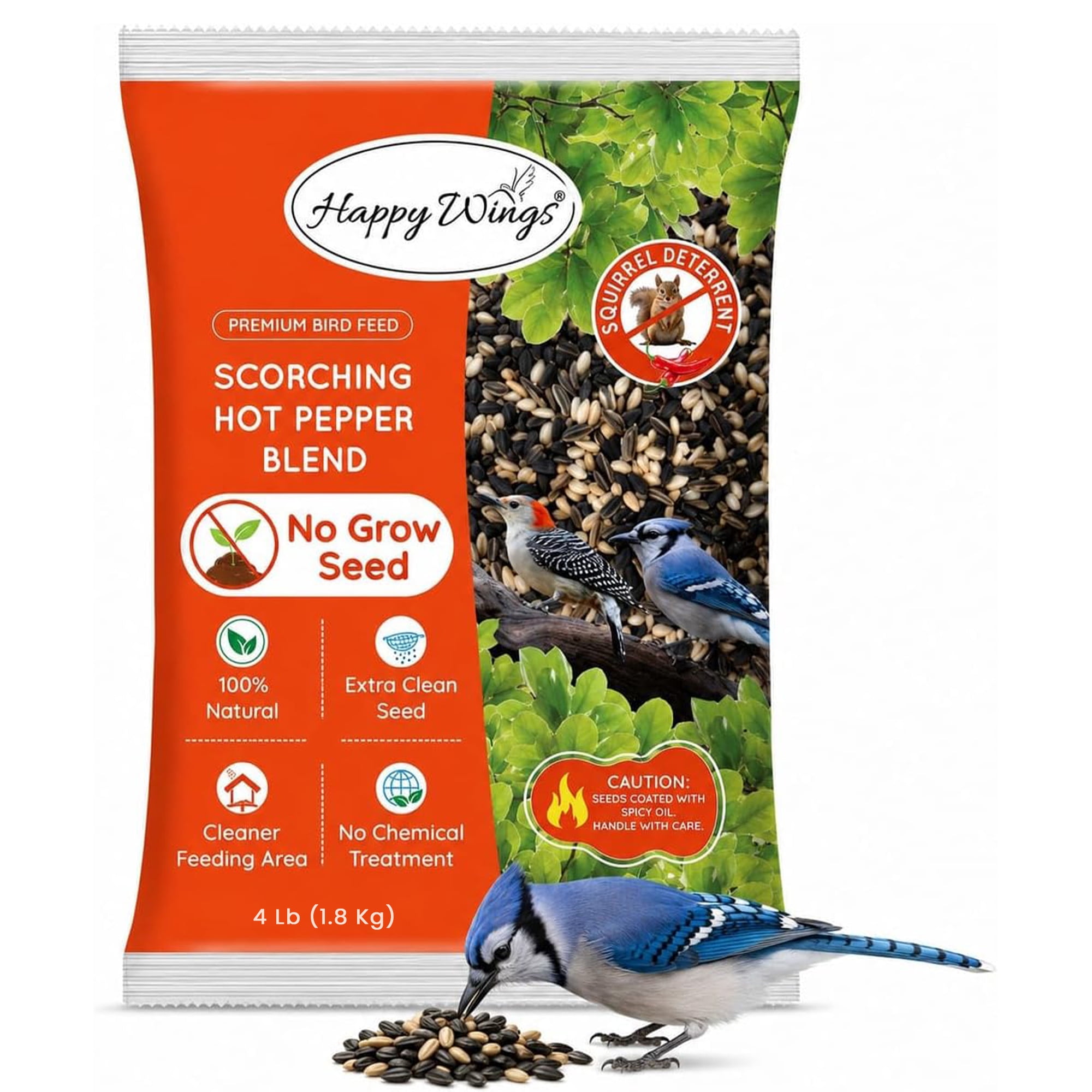 Happy Wings Scorching Hot Pepper Blend Bird Food, Seed- Sunflower, Shelled Peanuts & Safflower premixed with Hot Pepper Sauce - 4 lb | No Grow Seed, Squirrel Resistant, Safe for Wild Birds