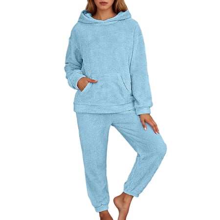 Yuanlong Womens Pajamas Sets Winter Fluffy Sleepwear For Long Sleeve Hooded Top & Pant Lounge Sets Holiday Homewear Thermal Pajama