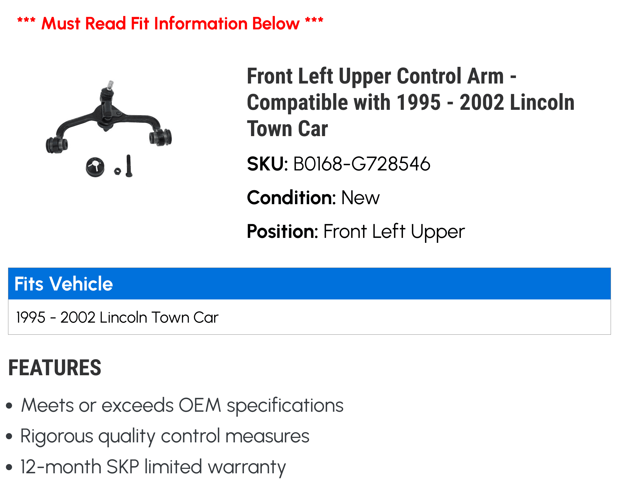 Front Left Upper Control Arm - Compatible with 1995 - 2002 Lincoln Town Car 1996 1997 1998 1999 2000 2001