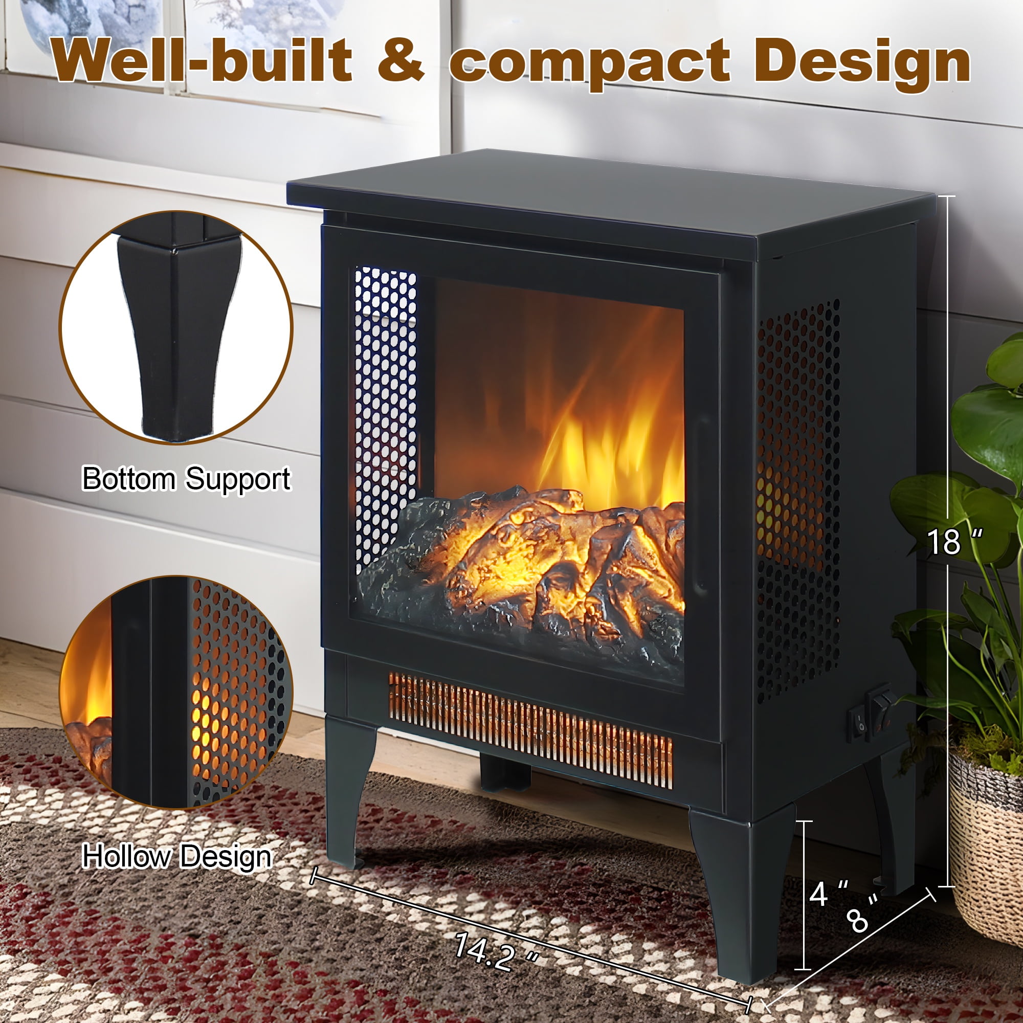 Indoor Fireplace Heater, Multifunction Electric Heater with Remote Control, 1400W Space Heater 18''H Portable for 150 sq. Ft, 4777 BTUs