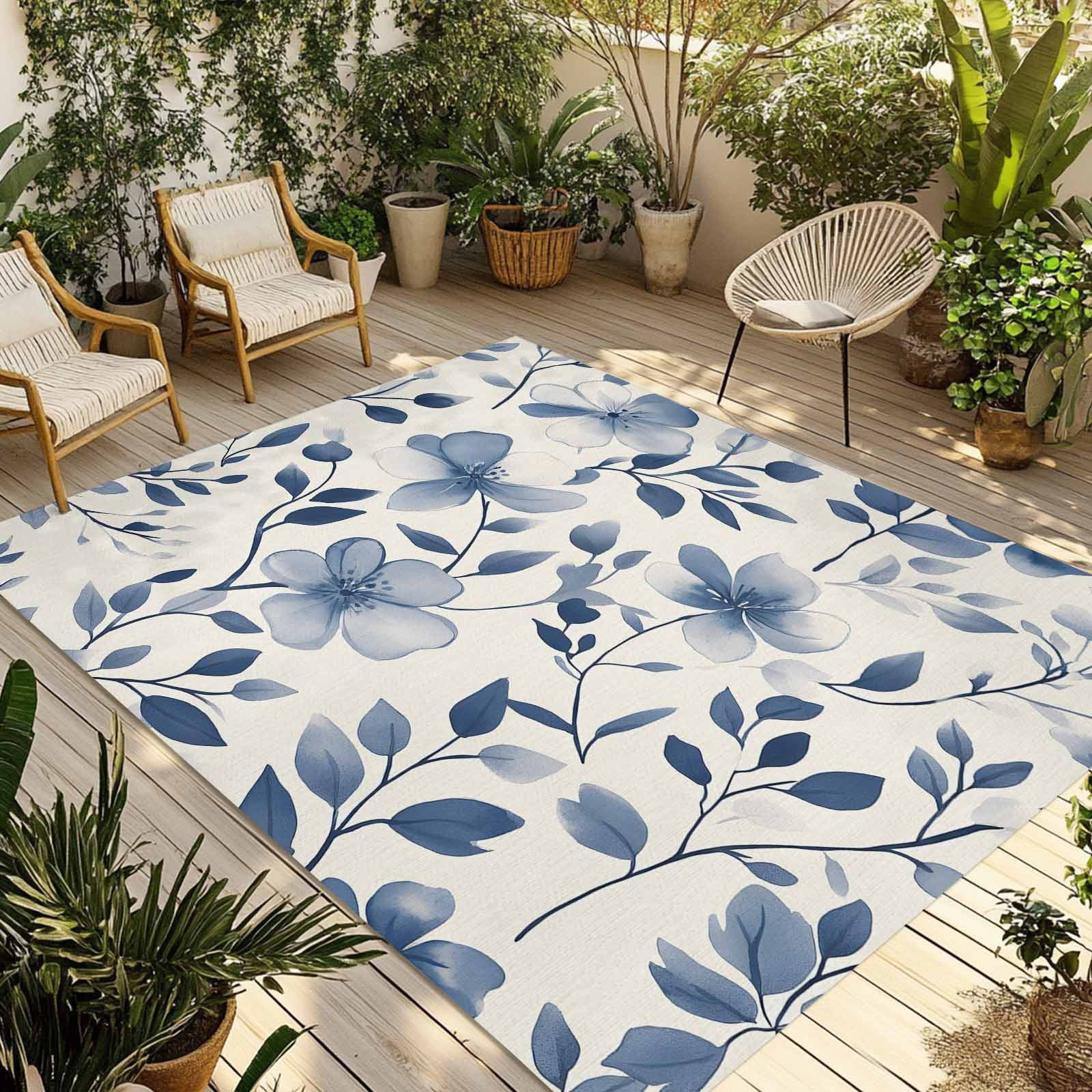 Outdoor Rug 5x8ft Ombre Blue Flowers Large Area Rug Leaf Plant Indoor Outdoor Carpet Outdoor Rugs Mats for Patio Camping,RV,Front Door, Outside Decor