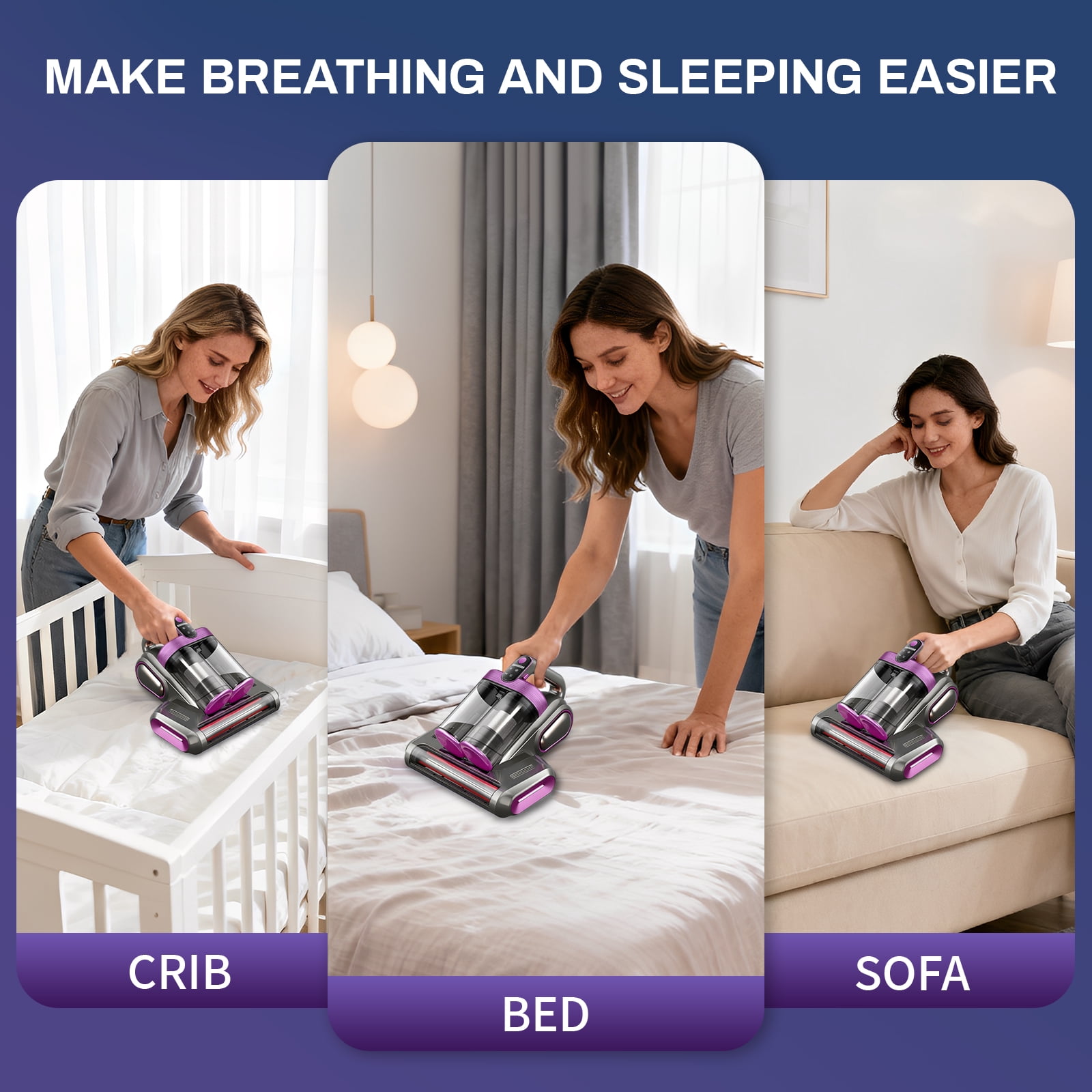 Cordless Mattress Vacuum Cleaner, 16kpa Bed Vacuum Cleaner with 253.7nm Uv-C Light & Ultrasonic Tech Dual Bins for Dust & Widen Suction Port 120w for Bed Sofa & Pet Hair(Purple)