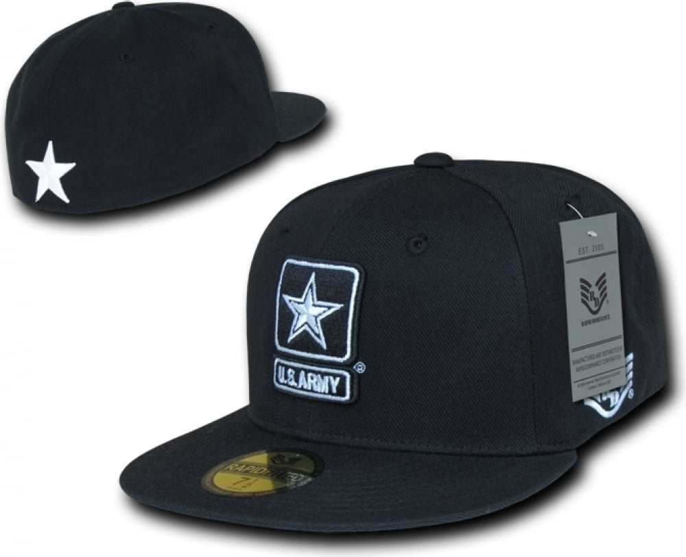 Fitted Military Caps, Army, Black, 7 3/4