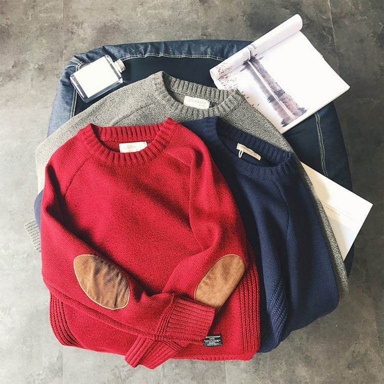 ニット・セーター IONSEOUL Washable Elbow Patch Knit JE803 Sorrowso Men Winter Thick Chunky Knit Long Sleeve Sweater