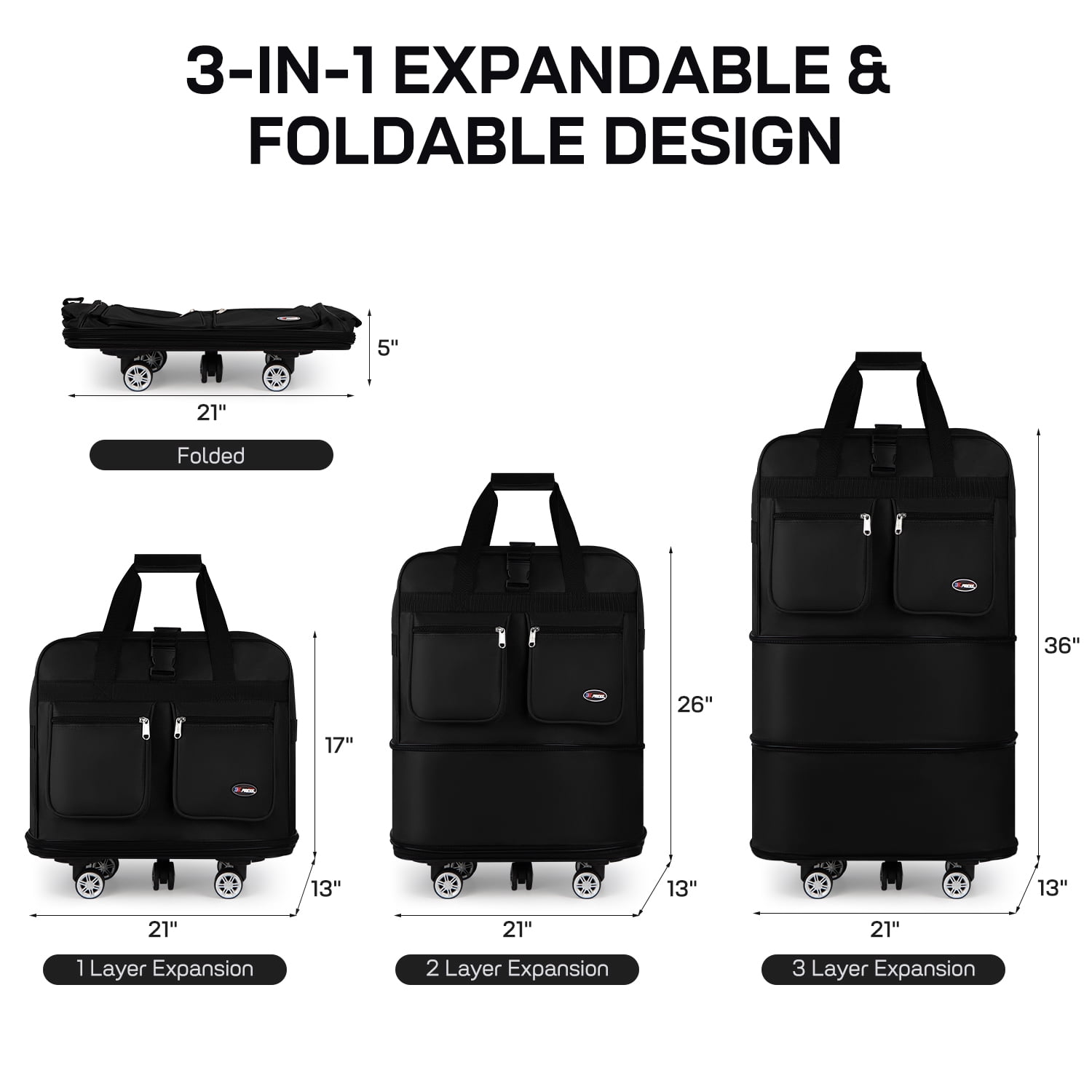 36" Expandable Foldable Luggage Bag,Collapsible Suitcases with Wheels,Rolling Duffle Bag Wheeled Travel Bag for Men Women,MEX-Black